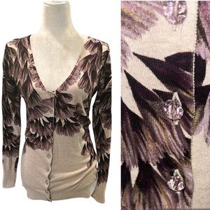 Anthropologie Charlotte Tarantola Beige Purple Floral Jewel Button Cardigan - S